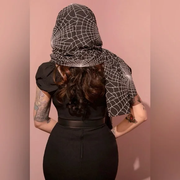 1950s Inspired Chiffon Scarf In Black Spider Web Print NWT OS - Picture 3 of 6